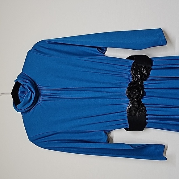 Vtg 80's Sabino Blue Belted Midi Dress, Knit, Ruched Mock Neck, Pockets, SZ 10, - Picture 2 of 13